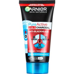 Garnier Pure Active 3 az 1-ben tisztító fekete maszk, bőrradír és gél aktív szénnel a mitesszerek ellen, zsíros és problémás bőrre, 150 ml 50 ml