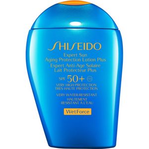 Shiseido Sun Care Expert Sun Aging Protection Lotion Plus WetForce naptej arca és testre SPF 50+ 100 ml